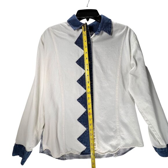 Vtg Wrangler Western Wear Denim Shirt White Blue Cowgirl Rodeo Zig Zag Plaid Lg - Picture 10 of 13